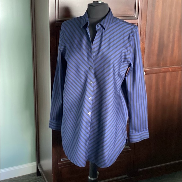 CHICO's Shirt No Iron Royal Blue & Black Button Front Long Sleeve EUC Sz 1= M(8) - Picture 1 of 10